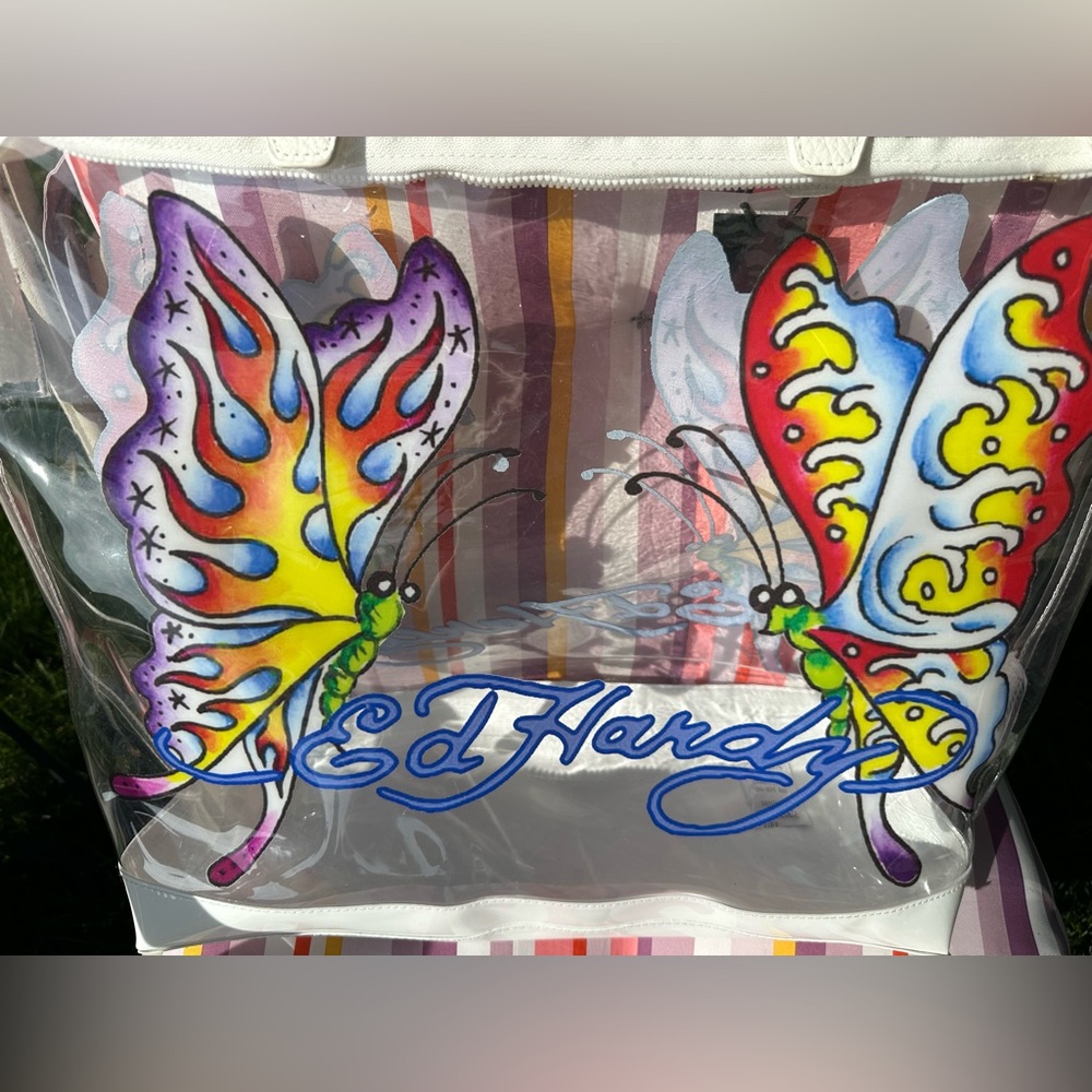 Ed Hardy Purple Butterfly Clear PVC Tote with White Trim & Handles NWT